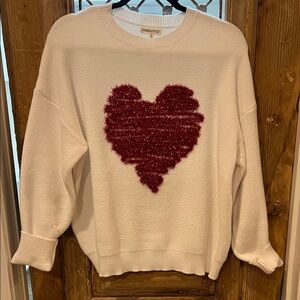 Main Strip Women's White Sweater with Red Heart